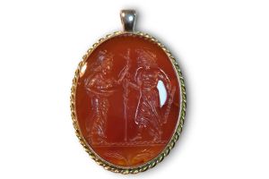 Large Roman Intaglio Pendant Asklepios and Hygieia, Silver and Gold